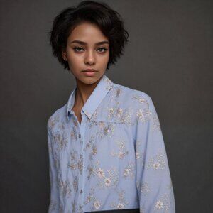 Sheer Lined Floral Embroidery Rose & Everly Women's Button-Down Blouse Sz L